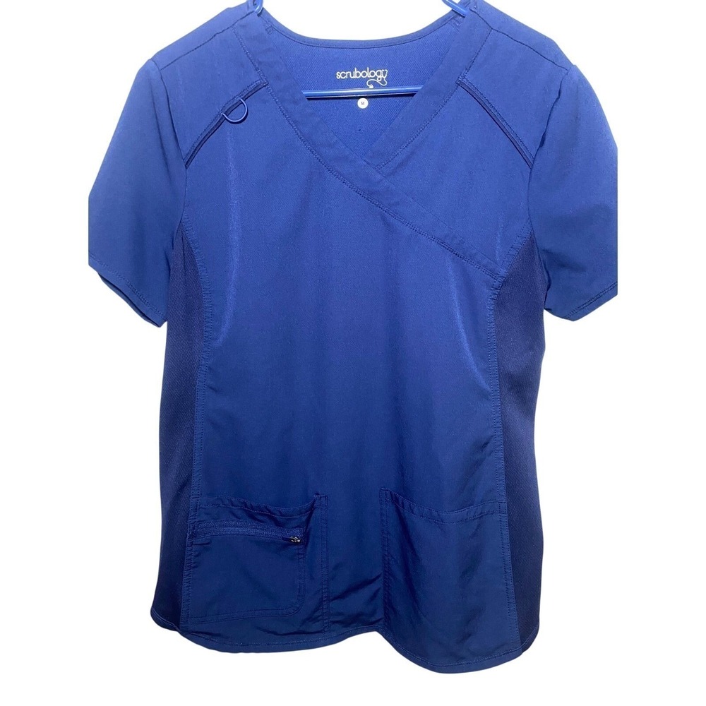 Scrubology Blue Scrubs V-Neck Short Sleeve Top Spandex Womens Size Medium